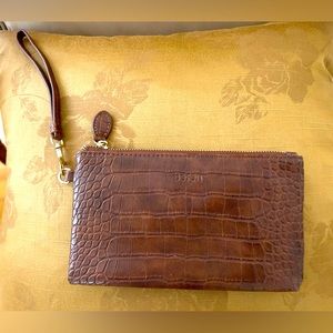 Beren Leather Wristlet Clutch in Brown Croc Design